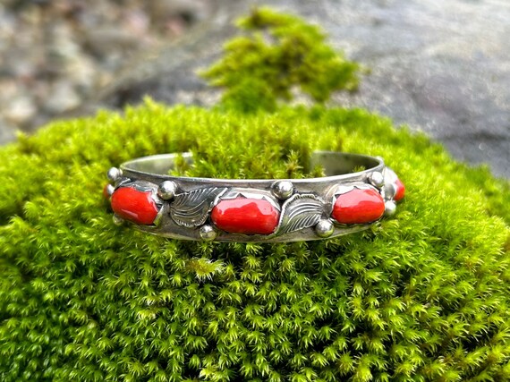 Carmelita Simplicio Zuni Sterling Silver Red Coral Cuff Bracelet 