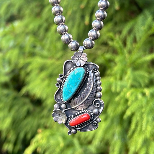 Anson & Laticia Wallace Zuni Turquoise Coral Botanical Pendant Necklace in Sterling Silver