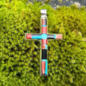 Southwestern Sterling Inlay Multistone Cross Pendant