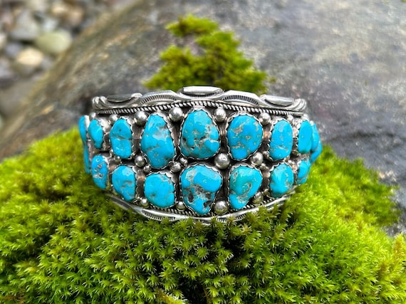 Moss Green Turquoise Native American Navajo Sterling Silver Bracelet Cuff Moss Green Turquoise Native American Navajo Sterling Silver Bracelet Cuff
