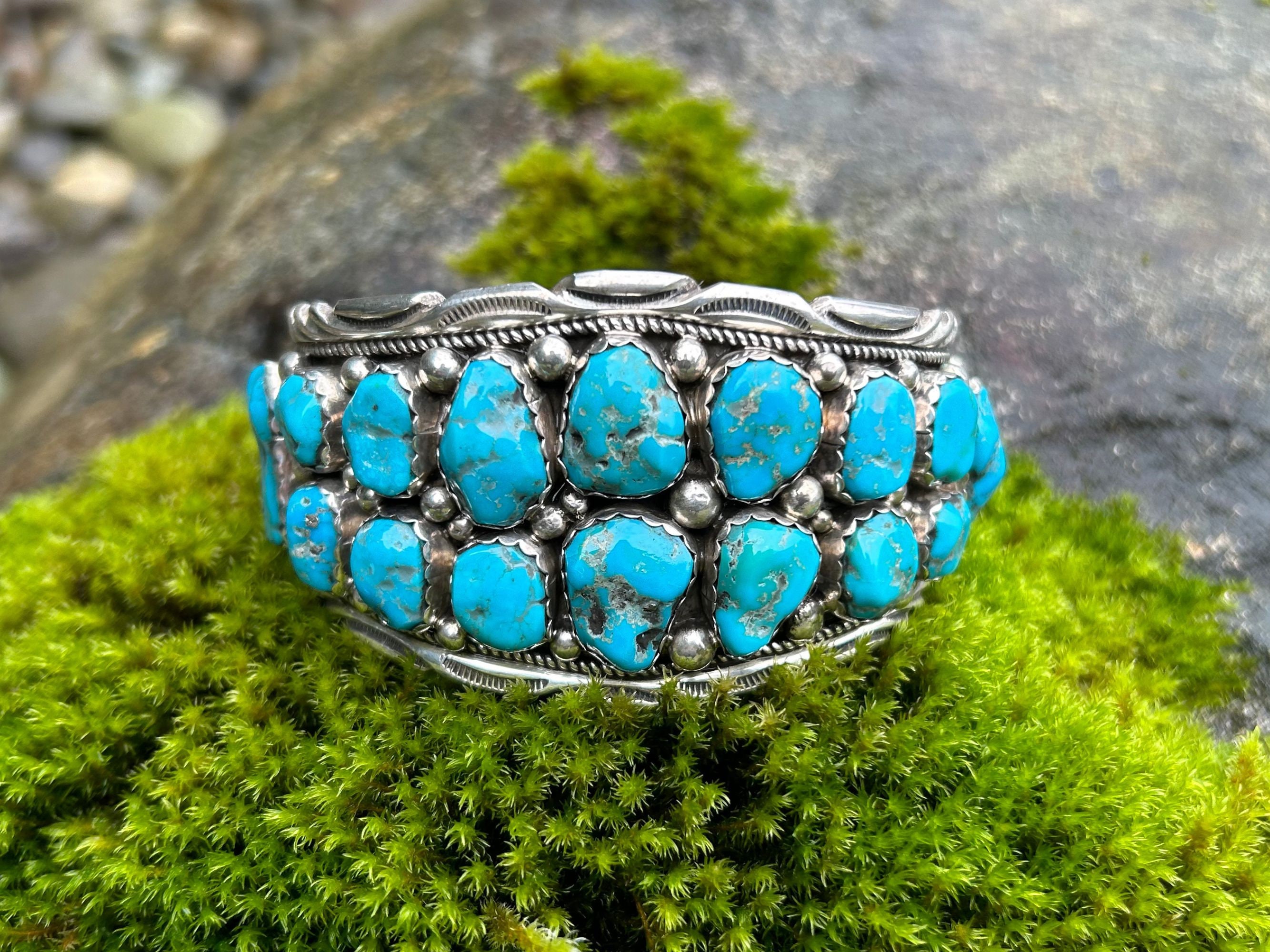 Moss Green Turquoise Native American Navajo Sterling Silver Bracelet Cuff Moss Green Turquoise Native American Navajo Sterling Silver Bracelet Cuff