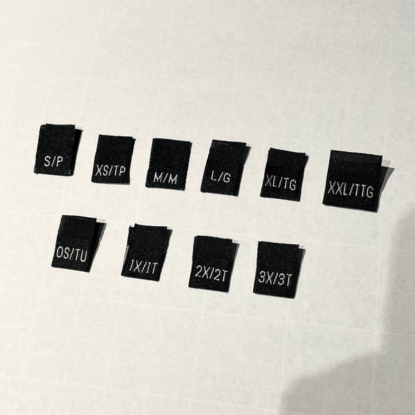 100 Garment Size Labels in English/French - Black with white letters