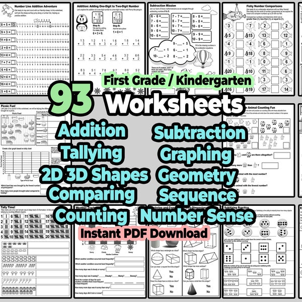 1st Grade Math Worksheet, Addition Subtraction Strategy Activity, Kindergarten Counting Number Comparing Printable, Graph & Shapes Practice