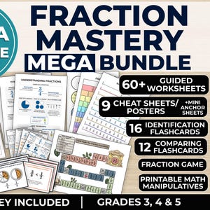 May include: A collection of educational materials for fraction mastery, including worksheets, cheat sheets, flashcards, and a fraction game. The bundle includes an answer key and is designed for grades 3, 4, and 5. The text on the image says "MEGA BUNDLE".