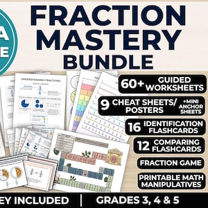 Fractions Worksheets Cheat Sheets Mastery Mega Bundle: 63 Guided practice, 9 Posters, 28 Flashcards, Board Game,  Grade 3-5 Math Curriculum