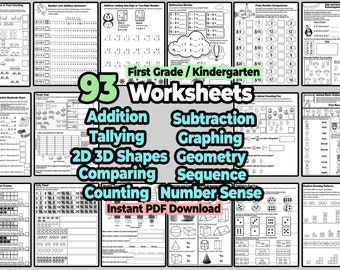 1st Grade Math Worksheet, Addition Subtraction Strategy Activity, Kindergarten Counting Number Comparing Printable, Graph & Shapes Practice