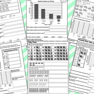 May include: Black and white printable worksheets for kids to practice tally marks, graph making, and data analysis. The worksheets feature various themes like weather, favorite pets, and supermarket stock.