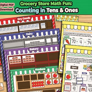 May include: A printable worksheet for kids to practice counting in tens and ones. The worksheet features a grocery store theme with different sections like dry goods, dairy, bakery, and produce. Each section has a number of items to count, and the worksheet includes a counting challenge and a restocking challenge.