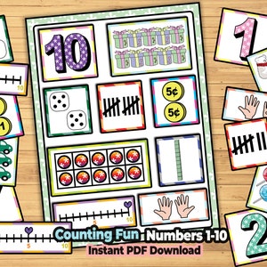 May include: A colorful printable worksheet for kids to practice counting from 1 to 10. The worksheet features various images, including dice, tally marks, coins, and number lines. The text "Counting Fun, Numbers 1-10" and "Instant PDF Download" is included on the worksheet.