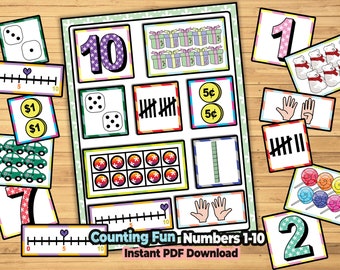 Actividad de conteo de números para niños Coincidencia de números del 1 al 10: Hojas de trabajo de matemáticas imprimibles Coincidencia de números con diez cuadros Monedas de recta numérica Bloques de conteo