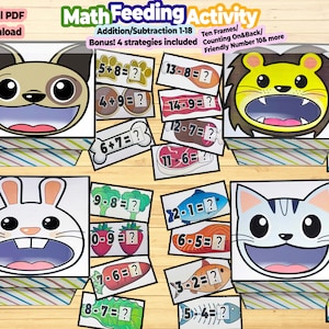 Addizione e sottrazione Alimentazione divertente attività matematica - Matematica educativa stampabile per bambini - Impara l'addizione con la pratica delle addizioni strategiche a casa