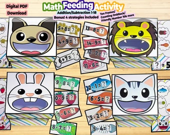 Addition subtraction Feeding Fun Math Activity-Educational Math Printable for Kids-Learn Addition with strategy-homeschool addition practice