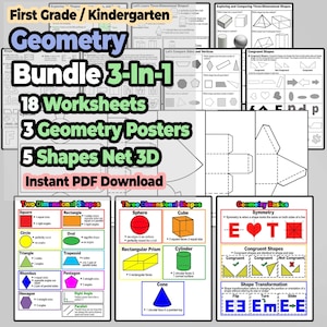 Könnte beinhalten: Ein buntes, druckbares Paket zum Unterrichten von Geometrie für Erst- und Kindergartenkinder. Das Paket enthält 18 Arbeitsblätter, 3 Poster und 5 3D-Formnetze. Das Paket enthält Illustrationen von 2D- und 3D-Formen, darunter Quadrate, Kreise, Dreiecke, Würfel, Kugeln und Kegel.