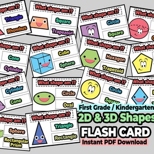 2D shapes Math practice Kids - 2D and 3D Shapes Learning Activity - Printable Two-Dimensional Shapes Question Practice Flash Cards