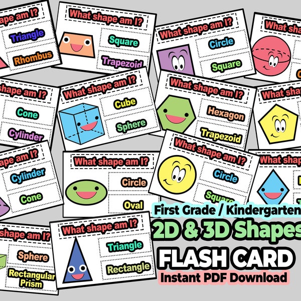 2D shapes Math practice Kids - 2D and 3D Shapes Learning Activity - Printable Two-Dimensional Shapes Question Practice Flash Cards