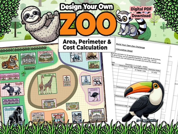 Area Perimeter Zoo Design Math Activity for Kids| Cost Calculations | Printable Math Worksheets for Homeschool | Creative Hands-On Project
