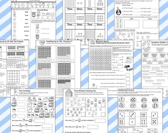 Number Counting Worksheets Math Printable Ten Frames, Hundreds Chart, Ordinal Numbers, Subitizing, Number Sense Activities for first grade