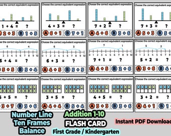 Addition Activity Flash Cards -  ten frames , number line, balance model blocks, addition practice for kindergarten first grade math
