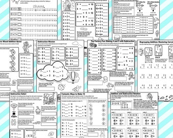 May include: A set of printable worksheets for kids to practice addition and subtraction math problems. The worksheets feature colorful illustrations of a pirate, a hot air balloon, a toy factory, and animals. The worksheets include number lines, addition and subtraction equations, and word problems.