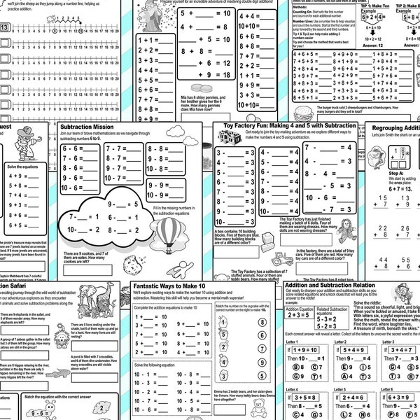 Addition Subtraction strategy Math Worksheet First Grade Kindergarten Printable Practice Numberline Regrouping kids Daycare Homeschool