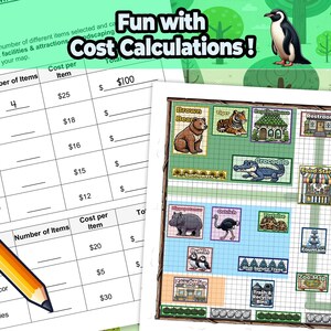 Cost calculation worksheet example for Zoo Design Activity - Cost Calculation practice included in this educational math activity for kids.