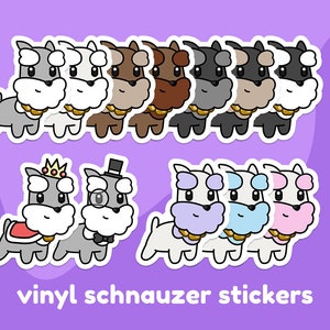 May include: A set of nine vinyl stickers featuring cartoon schnauzers in various colors and poses. The stickers include a king schnauzer, a detective schnauzer, and a group of schnauzers in different colors. The text "vinyl schnauzer stickers" is printed below the stickers.