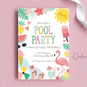 Tropischer Sommer Flamingo Pool Party Geburtstag Einladung Sofortiger Download, Bearbeitbar - PP