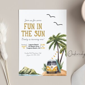 Diversión bajo el sol Fiesta de cumpleaños vintage en la playa, Invitación a la fiesta de la furgoneta de la playa de surf Invitación de descarga instantánea, Editable, AV