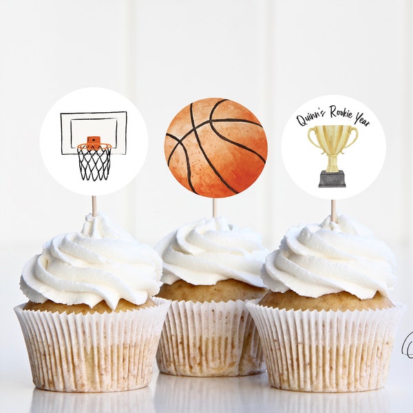 Basketball Cupcake Topper, Watercolor Basketball Cupcake Topper Template, Instant Download, Editable, AB