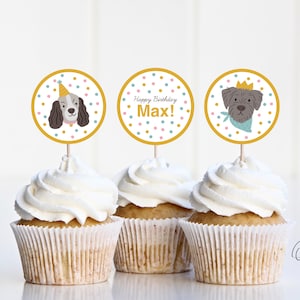 Hunde in Party Hüte Cupcake Topper, Welpe Cupcake Topper sofortiger Download Einladung, bearbeitbar, AD