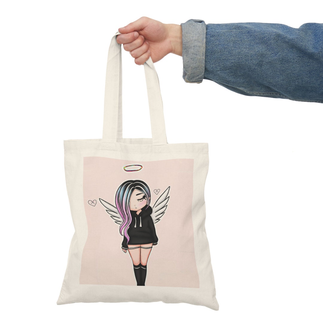 Emo Drawstring Bag Kawaii Emo Girl With Angel Wings Natural Tote Bag - Etsy