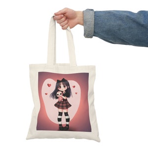 Emo kawaii chibi girl with a plush Natural Tote Bag