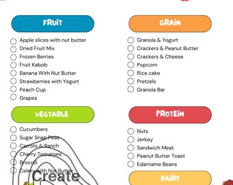 May include: A colorful chart with checkboxes and text lists healthy snack ideas for kids. The categories are fruit, grain, vegetable, protein, and dairy. The chart includes images of fruit, vegetables, and snacks.
