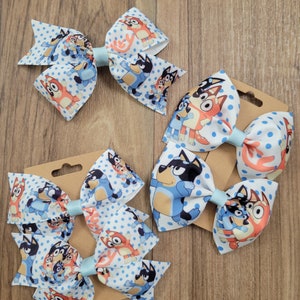 bluey inspired bow, bluey family, bluey, bingo, chili, bandit, hairbow for girls, piggies, hair bow, bluey hair bow