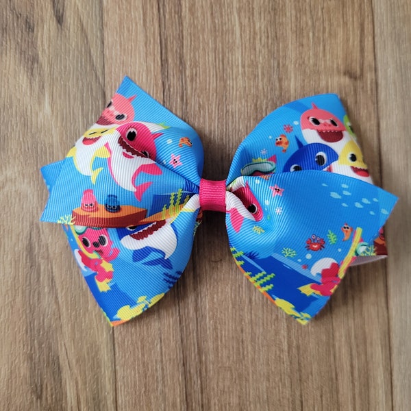 Baby shark inspired bow, hair bow for girls, boutique bow, big bow, shark, birthday bow