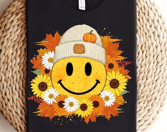 Floral Fall Smiley Face PNG, Cozy Beanie Pumpkin, Fall pumpkin Sublimation png, Thanksgiving png, Autumn png, floral fall smiley face Png