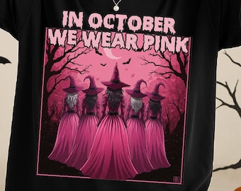 In October We Wear Pink Witch Png, Retro Cancer Ribbon, Halloween Shirt Sublimation, Breast Cancer Awareness Png, Pink Halloween Witch Png