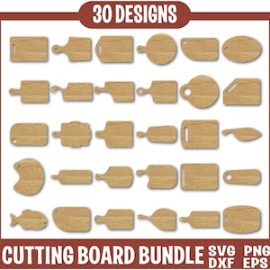 May include: 30 different cutting board designs in SVG, PNG, DXF, and EPS formats. The designs are all in a wood grain pattern and include various shapes and sizes.