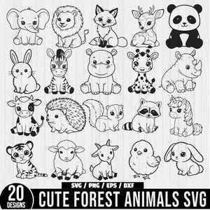 Cute forest animals Svg bundle, Woodland Animals Svg, Animal Doodle SVG, animals outline, Cute Safari and Farm Animals, kawaii animals Svg