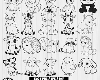 Cute forest animals Svg bundle, Woodland Animals Svg, Animal Doodle SVG, animals outline, Cute Safari and Farm Animals, kawaii animals Svg