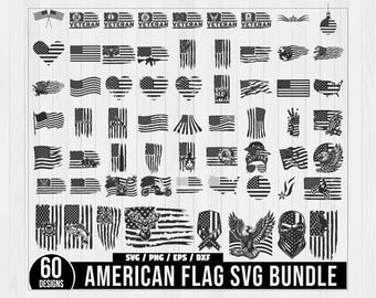 60 amerikanska flaggan SVG-paket, amerikansk flaggsilhuett, 4 juli, USA:s flagga, amerikansk flagga militär svg, veteran nödställd svg