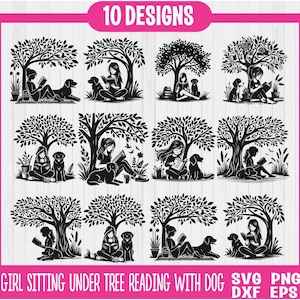 Meisje zit onder de boom te lezen met hond Svg-bundel, schattige TreeSwing nostalgie silhouet Logo Clipart Vector Cricut knippen snijden bestanden