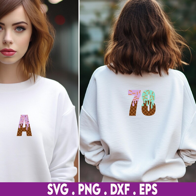 May include: White sweatshirt with a pink and green ice cream cone design featuring the number 78. The ice cream cone is decorated with sprinkles and a brown waffle cone.
