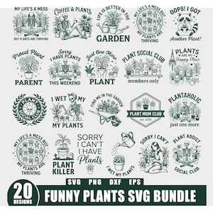 Puede incluir: Un conjunto de 20 diseños SVG divertidos con temática de plantas. Los diseños presentan ilustraciones de plantas, esqueletos y frases humorísticas como "Plant Killer" y "Plant Addict". Los diseños son en blanco y negro.