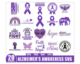 May include: A collection of 20 Alzheimer's Awareness SVG designs in purple and white. The designs include ribbons, text, and symbols related to the cause, such as a butterfly, elephant, and heart. The text includes phrases like "Never Give Up" and "End ALZ."
