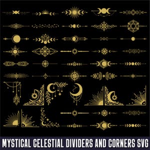 May include: A collection of gold-coloured graphic design elements on a black background, featuring various celestial-themed horizontal dividers and corner accents with sun, moon, star, and crystal motifs. The text reads MYSTICAL CELESTIAL DIVIDERS AND CORNERS SVG.