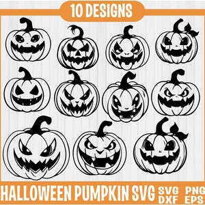 May include: Ten black and white Halloween pumpkin SVG designs. Each pumpkin has a different scary face.