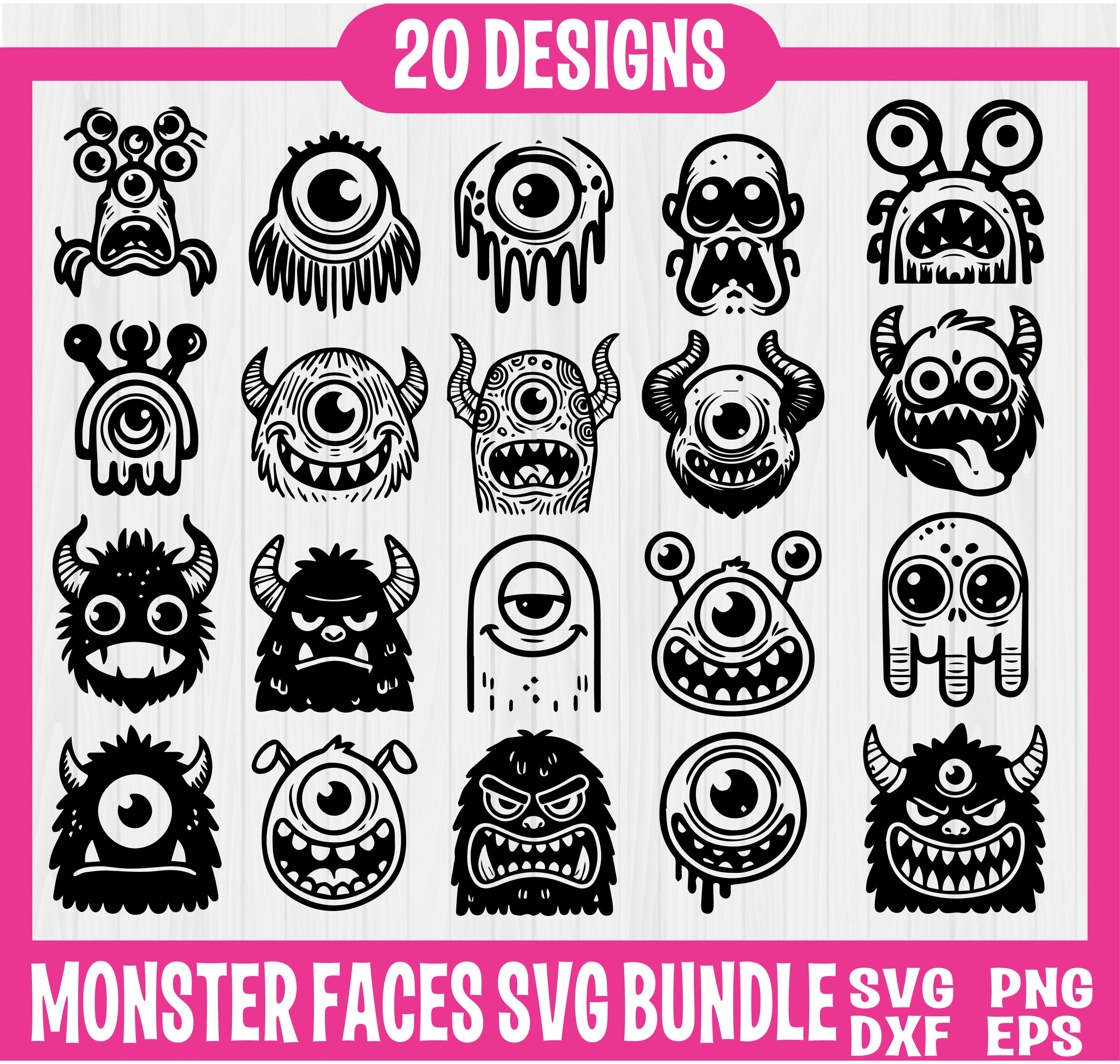 Scary Monster Faces SVG Bundle, Halloween Monster Outline Vector, Instant Download Demon Face, Cricut File SVG, Monster Eyes Mouth Clipart.