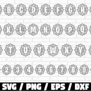 Pacchetto SVG con alfabeto e numeri Mandala, carattere Mandala floreale SVG, lettere floreali SVG, alfabeto cornice monogramma Mandala