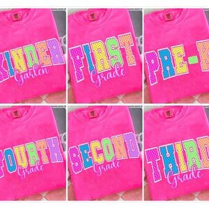 Preppy Back to School Floral Bundle PNG, First Day of School Designs, Kindergarten to Third Grade, Retro Teacher Shirt Neon Sublimation